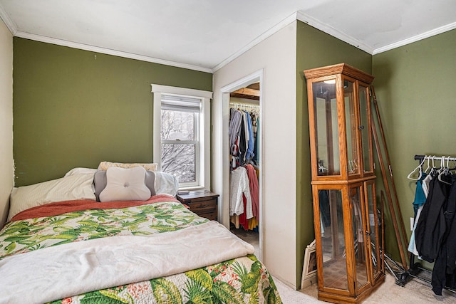 carpeted bedroom featuring crown molding and a closet