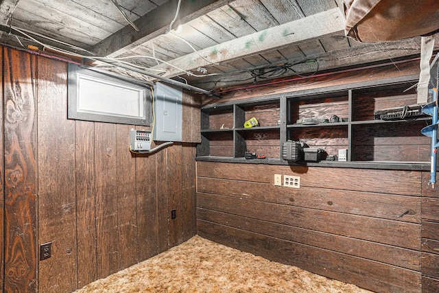 basement with wooden ceiling, electric panel, carpet, and wood walls