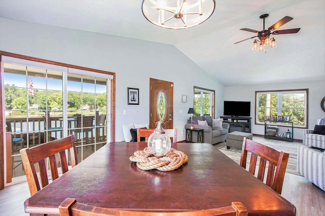 dining space with ceiling fan with notable chandelier, vaulted ceiling, a healthy amount of sunlight, and light wood-type flooring