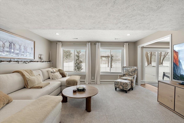 carpeted living room with a textured ceiling