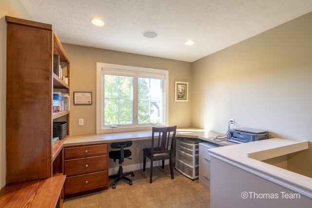 office space featuring light colored carpet and a textured ceiling