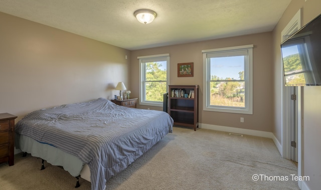 bedroom with light carpet and a textured ceiling