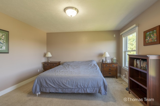 bedroom with light colored carpet