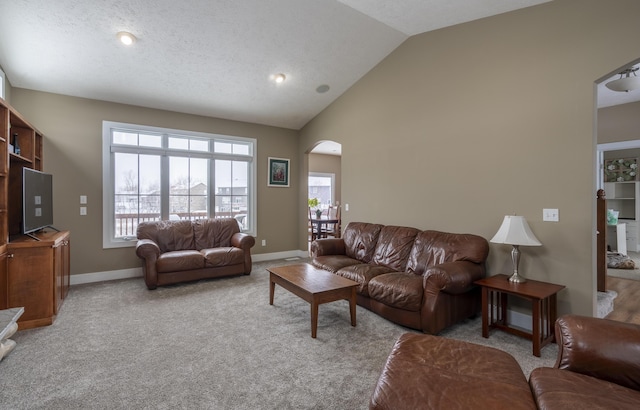 living room with light colored carpet, vaulted ceiling, and a textured ceiling