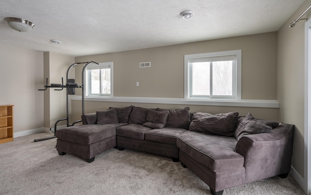 carpeted living room featuring a textured ceiling