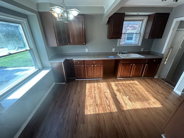 kitchen with a healthy amount of sunlight, a notable chandelier, sink, and hardwood / wood-style floors