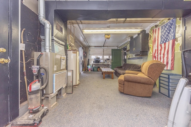 basement with carpet floors and water heater