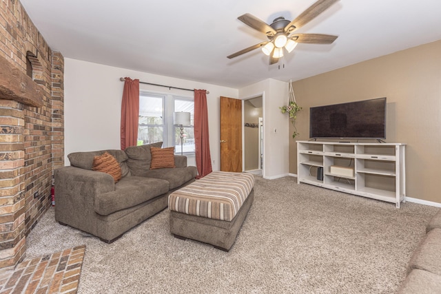 living room featuring carpet and ceiling fan