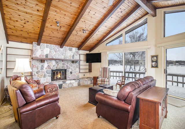 carpeted living room with high vaulted ceiling, wood ceiling, beamed ceiling, and a fireplace