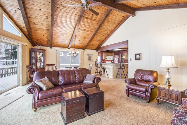 carpeted living room with lofted ceiling with beams, a wealth of natural light, wood walls, and wooden ceiling