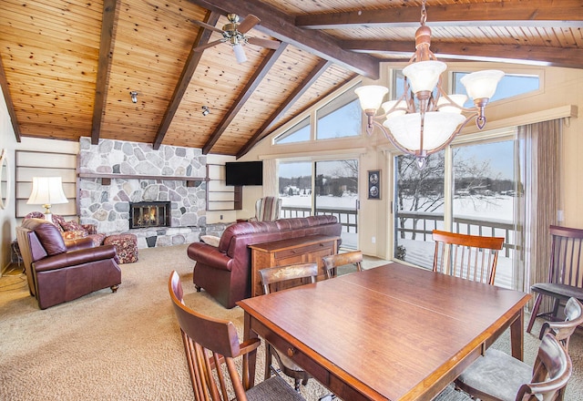 dining area with a stone fireplace, wooden ceiling, carpet, high vaulted ceiling, and beamed ceiling