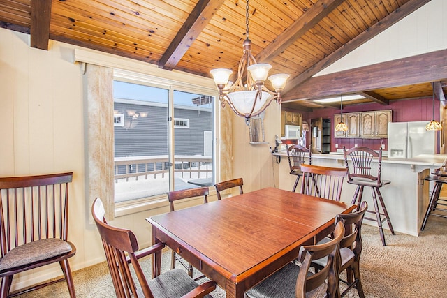 carpeted dining area featuring wooden ceiling, lofted ceiling with beams, and a notable chandelier