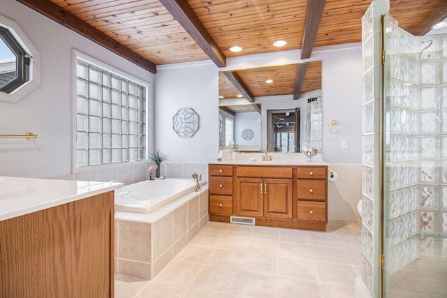 bathroom with separate shower and tub, vanity, tile patterned flooring, beam ceiling, and wooden ceiling