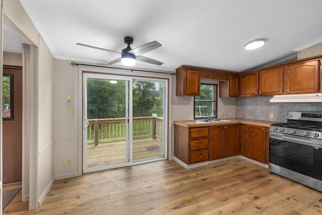 kitchen featuring stainless steel gas stove, light hardwood / wood-style flooring, backsplash, and sink