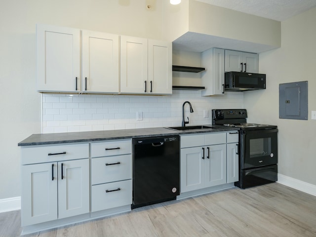 kitchen with sink, backsplash, electric panel, black appliances, and white cabinets