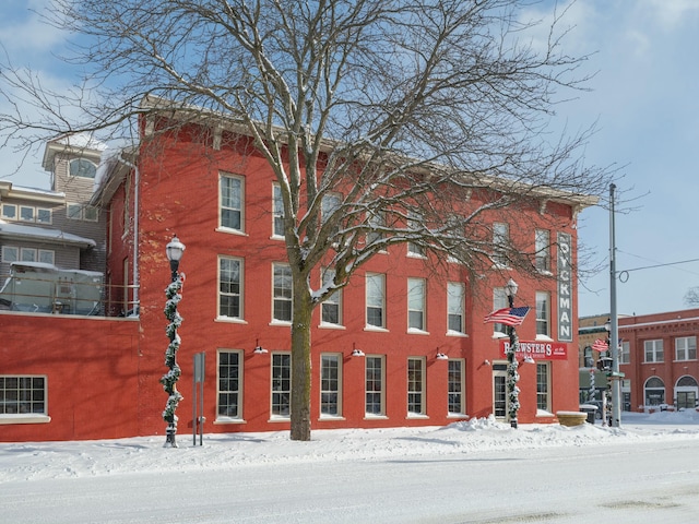 view of snow covered building