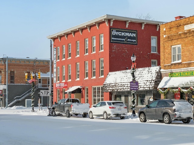 view of snow covered building