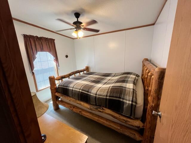 carpeted bedroom with ceiling fan and crown molding