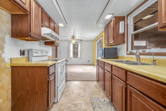 kitchen with sink, light colored carpet, ceiling fan, and electric stove