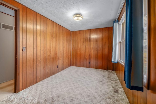 carpeted spare room featuring wooden walls