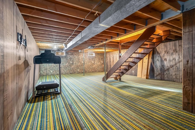 basement with carpet floors and wood walls