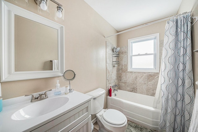 full bathroom featuring toilet, vanity, and shower / bath combination with curtain