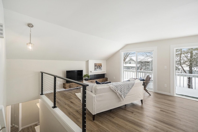 living room with wood-type flooring and lofted ceiling