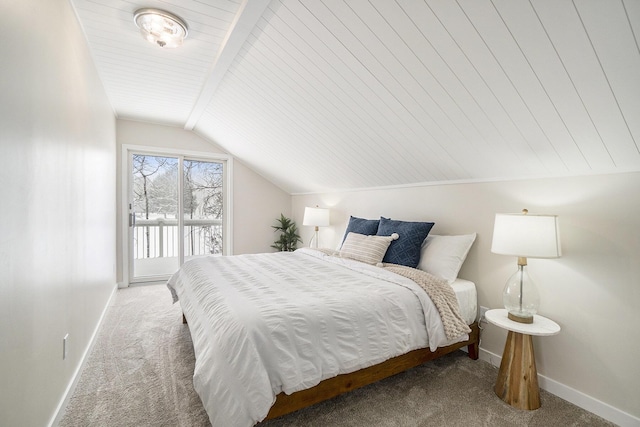 carpeted bedroom featuring wooden ceiling and lofted ceiling