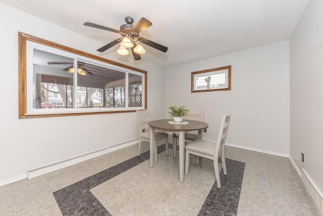 dining area with ceiling fan and baseboard heating