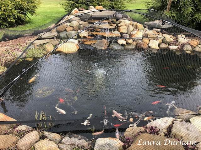 exterior details featuring a garden pond