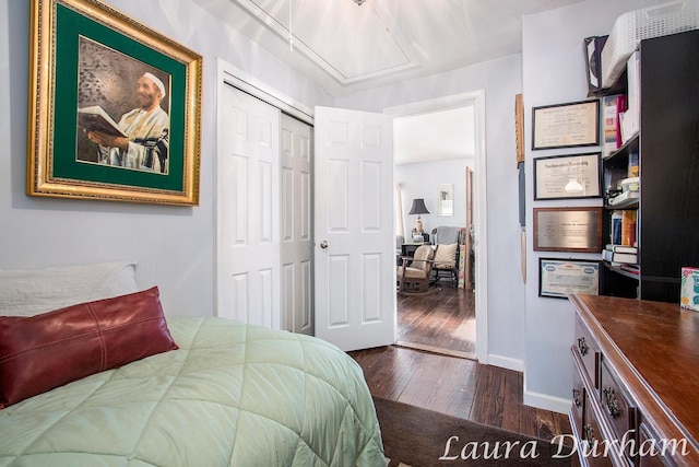 bedroom featuring dark wood-type flooring and a closet