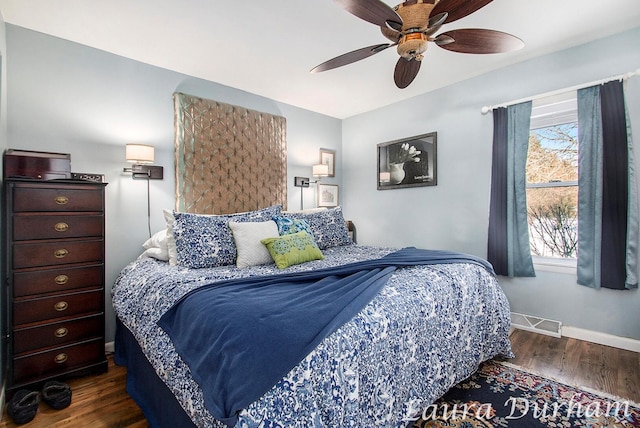 bedroom featuring ceiling fan and dark hardwood / wood-style flooring