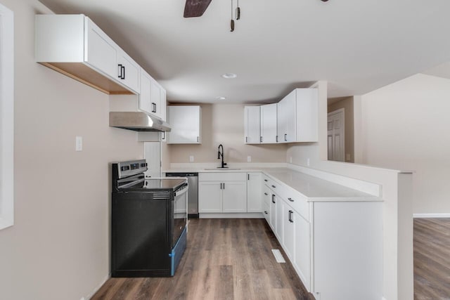 kitchen featuring kitchen peninsula, sink, white cabinetry, dark wood-type flooring, and stainless steel range with electric cooktop