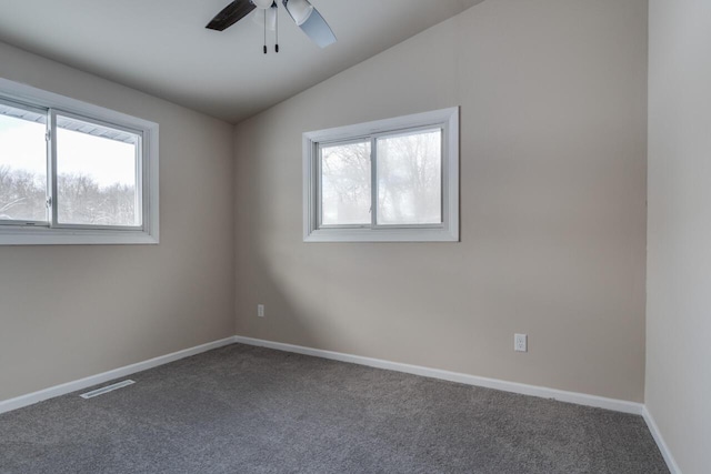 spare room featuring vaulted ceiling, carpet flooring, and plenty of natural light