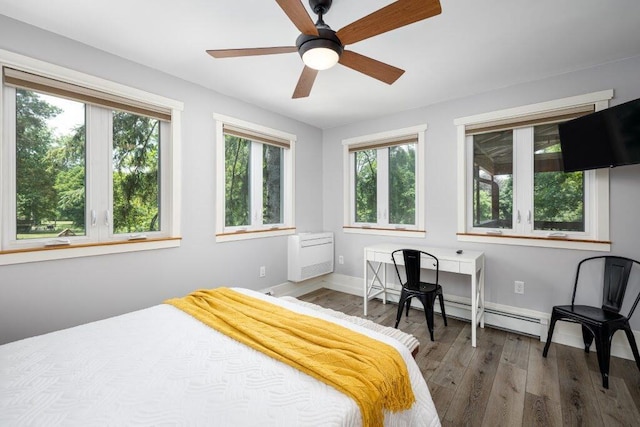 bedroom featuring ceiling fan and dark wood-type flooring