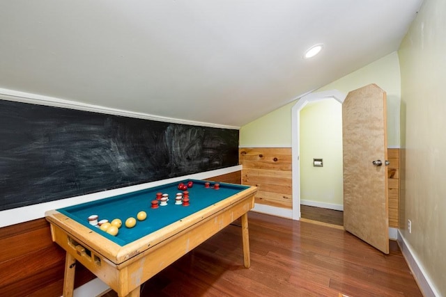 playroom featuring wood-type flooring and lofted ceiling