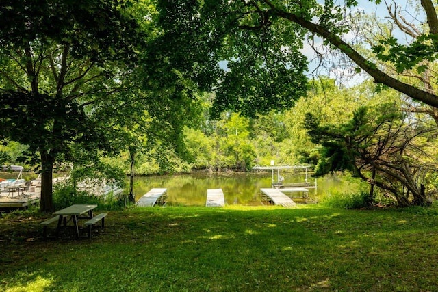 view of yard with a dock and a water view