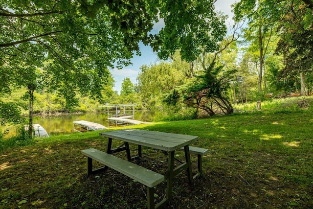 view of home's community with a boat dock and a water view