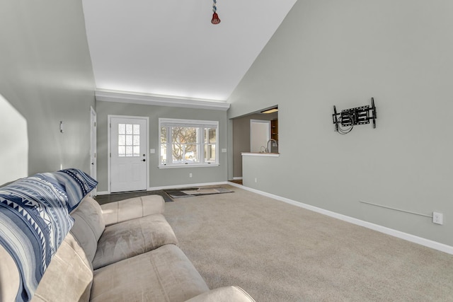 living room with carpet, sink, and high vaulted ceiling