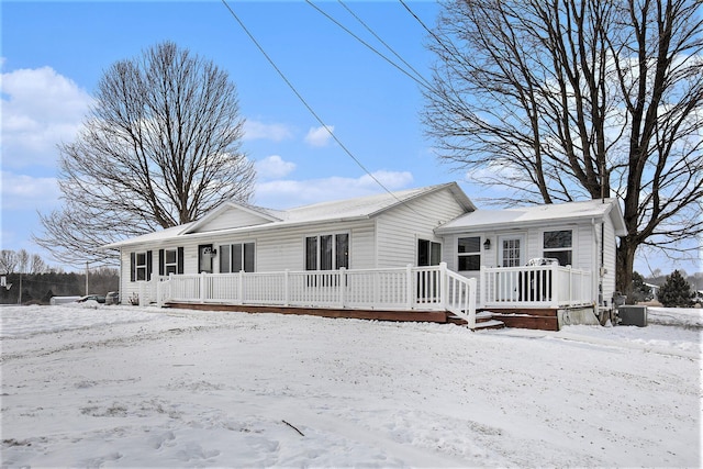 view of snow covered rear of property