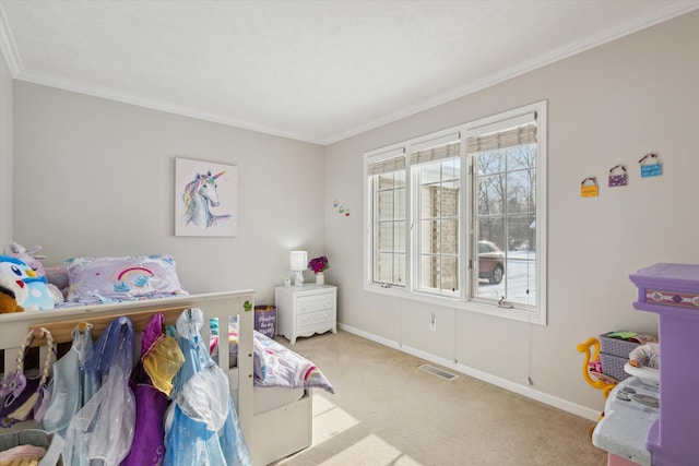 carpeted bedroom with ornamental molding