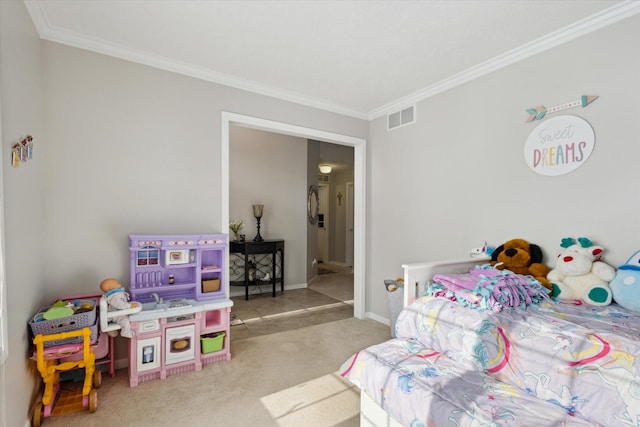 bedroom featuring light colored carpet and crown molding