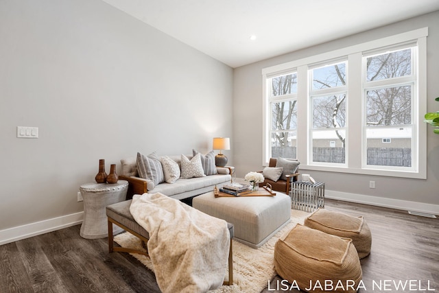 living room featuring dark wood-type flooring