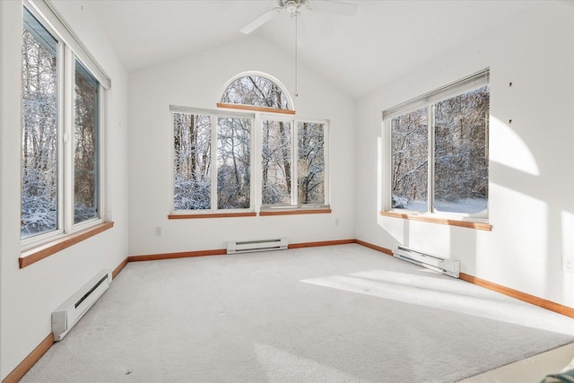 carpeted spare room featuring ceiling fan, a baseboard radiator, and lofted ceiling