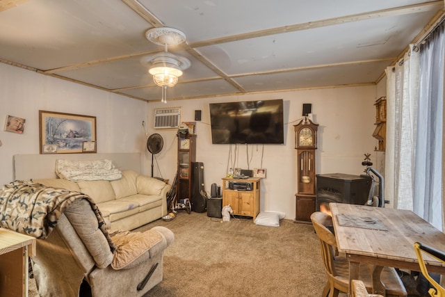 carpeted living room with a wall mounted air conditioner