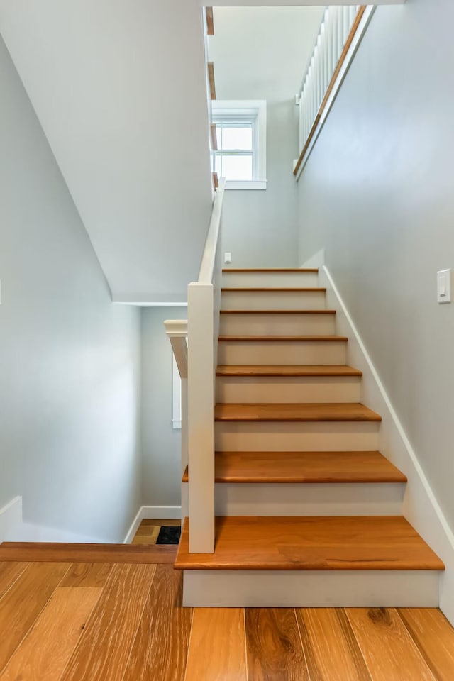 stairs featuring hardwood / wood-style floors