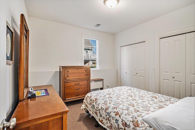 bedroom with radiator heating unit and multiple closets