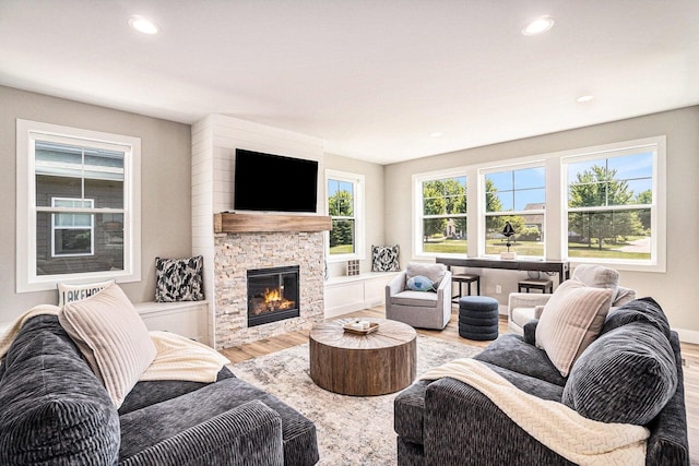 living room featuring light hardwood / wood-style floors and a fireplace