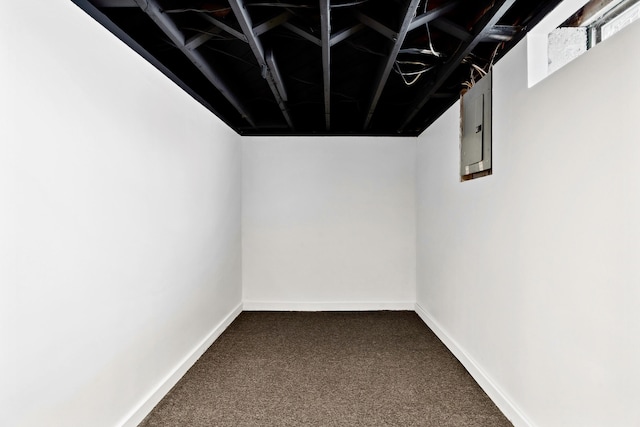 basement featuring electric panel and carpet flooring