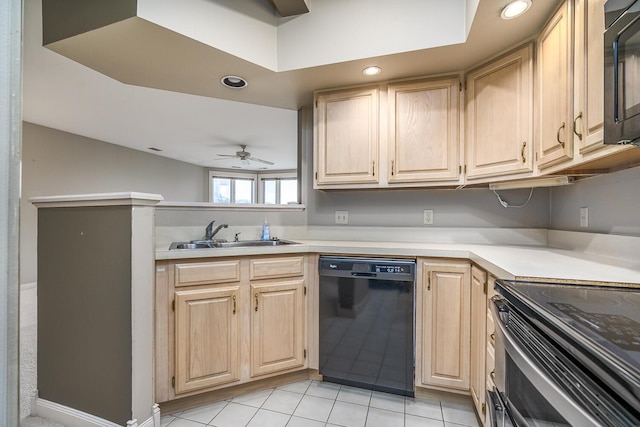 kitchen with black dishwasher, light brown cabinetry, sink, light tile patterned flooring, and ceiling fan